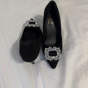 Black Crystal Buckle Pointed-Toe Heels – Size 40